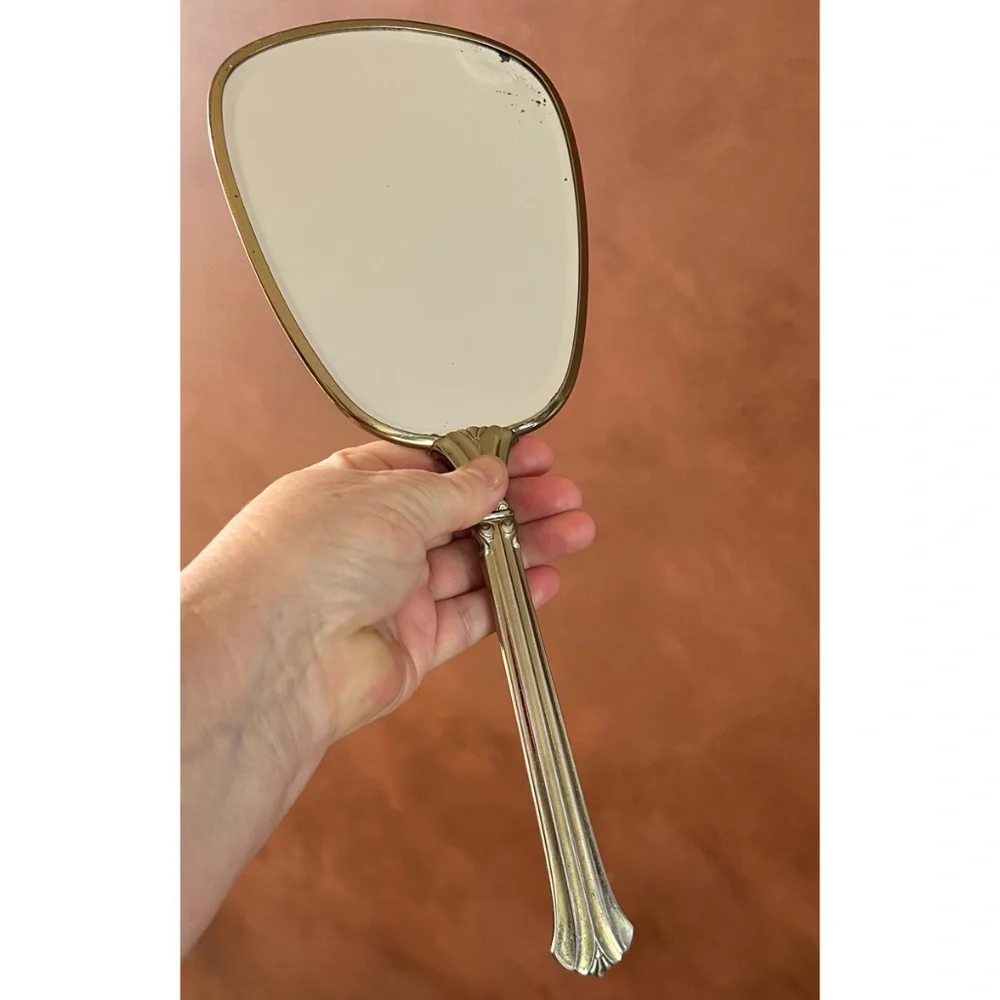 Vintage Art Deco Hand Held Gold Plated Vanity Mirror 13” Floral